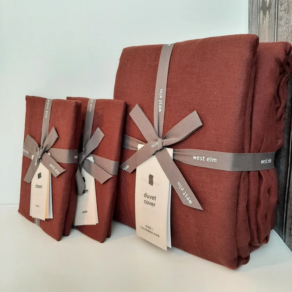 West Elm European Flax Linen King Duvet Cover & 2 King Shams Currant Red